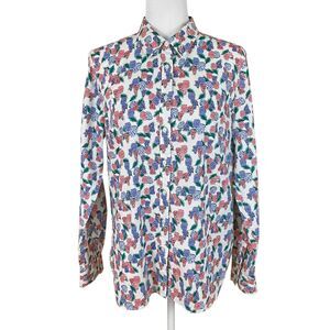 Talbots Button-up Shirt Size M Red Blue Pinecones Cotton Long Roll-Tab Sleeves